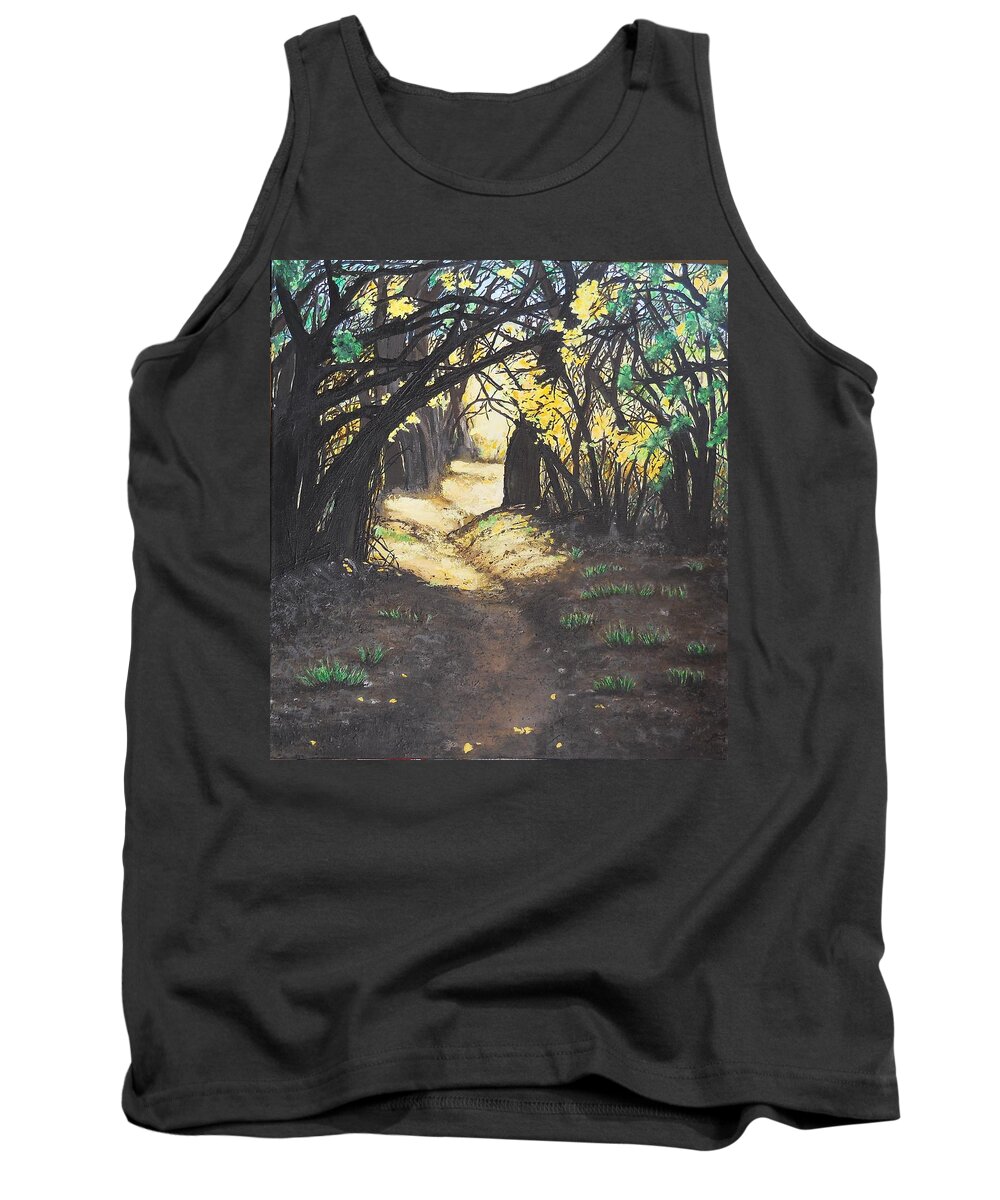 Forest Tank Top featuring the painting Sunlit Trail by Susan M Woods