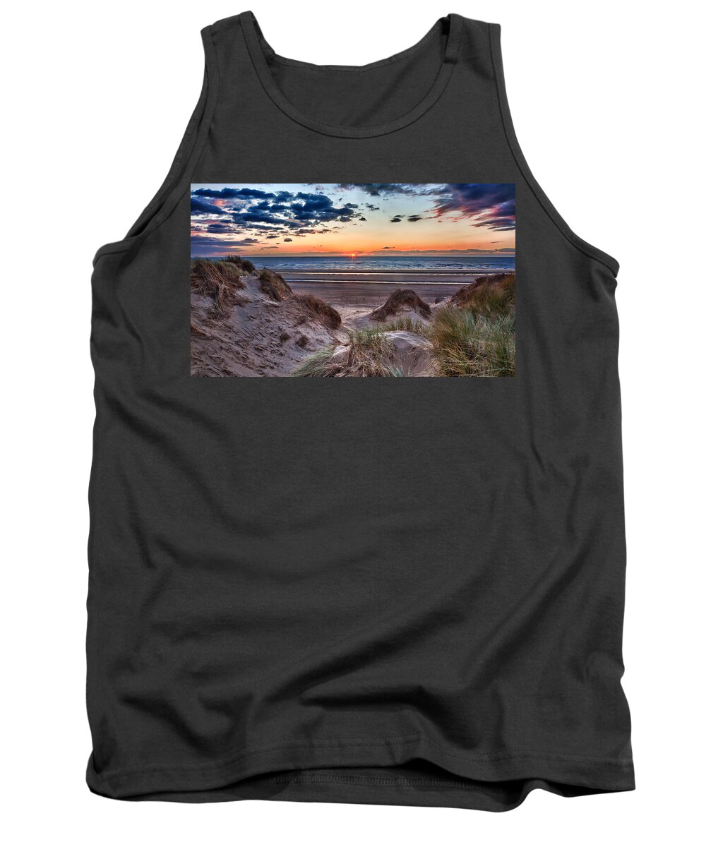 Vacation Tank Top featuring the photograph Sunset over Formby Beach through dunes by Steven Heap