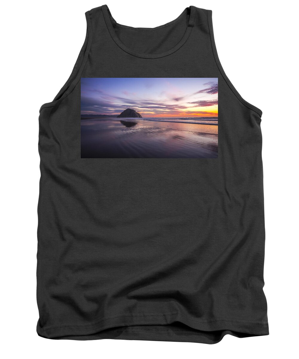 Beach Sunset Tank Top featuring the photograph Sunset Reflections at Morro Bay Beach Rock Fine Art Photography Print by Jerry Cowart