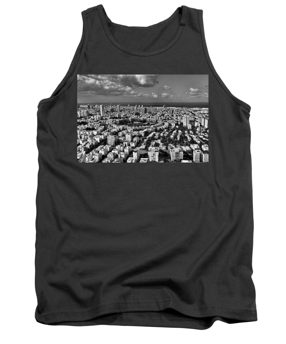 Israel Tank Top featuring the photograph Tel Aviv center Black and White by Ron Shoshani