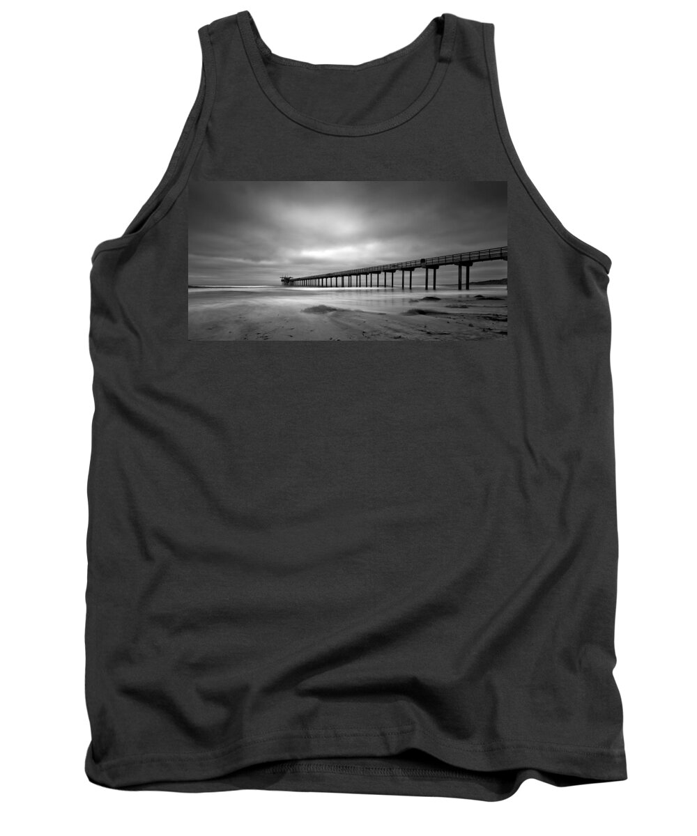 Beach Tank Top featuring the photograph The Scripps Pier - Black and White by Peter Tellone