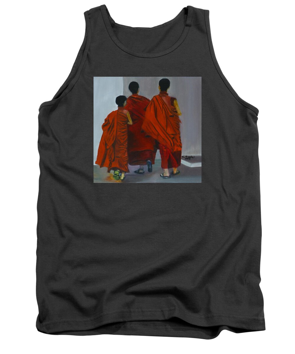 Three Tank Top featuring the painting Three Young Monks by Claudia Goodell