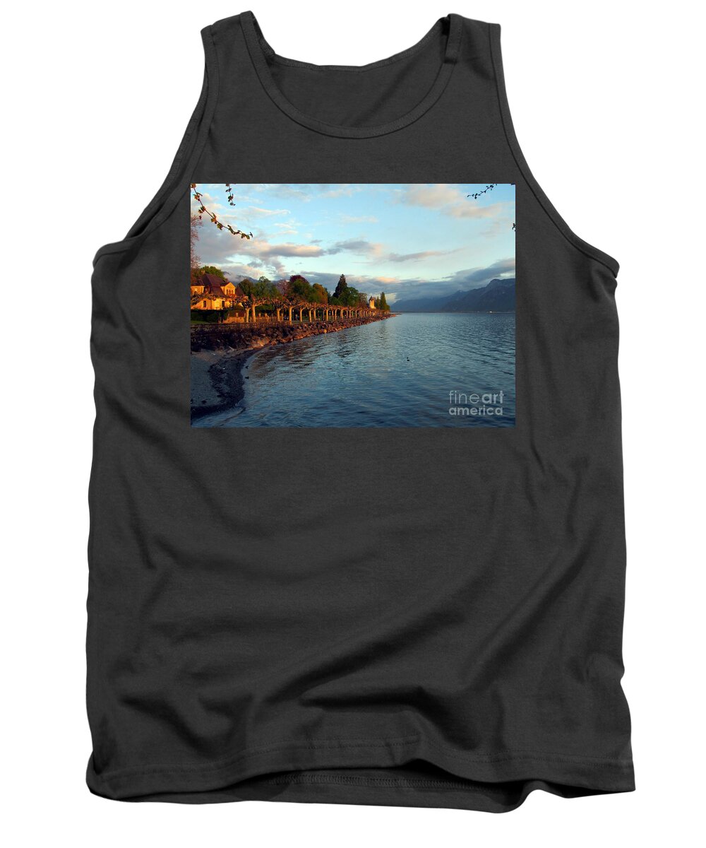 Lake Geneva Tank Top featuring the photograph Twilight in Vevey by Lynellen Nielsen