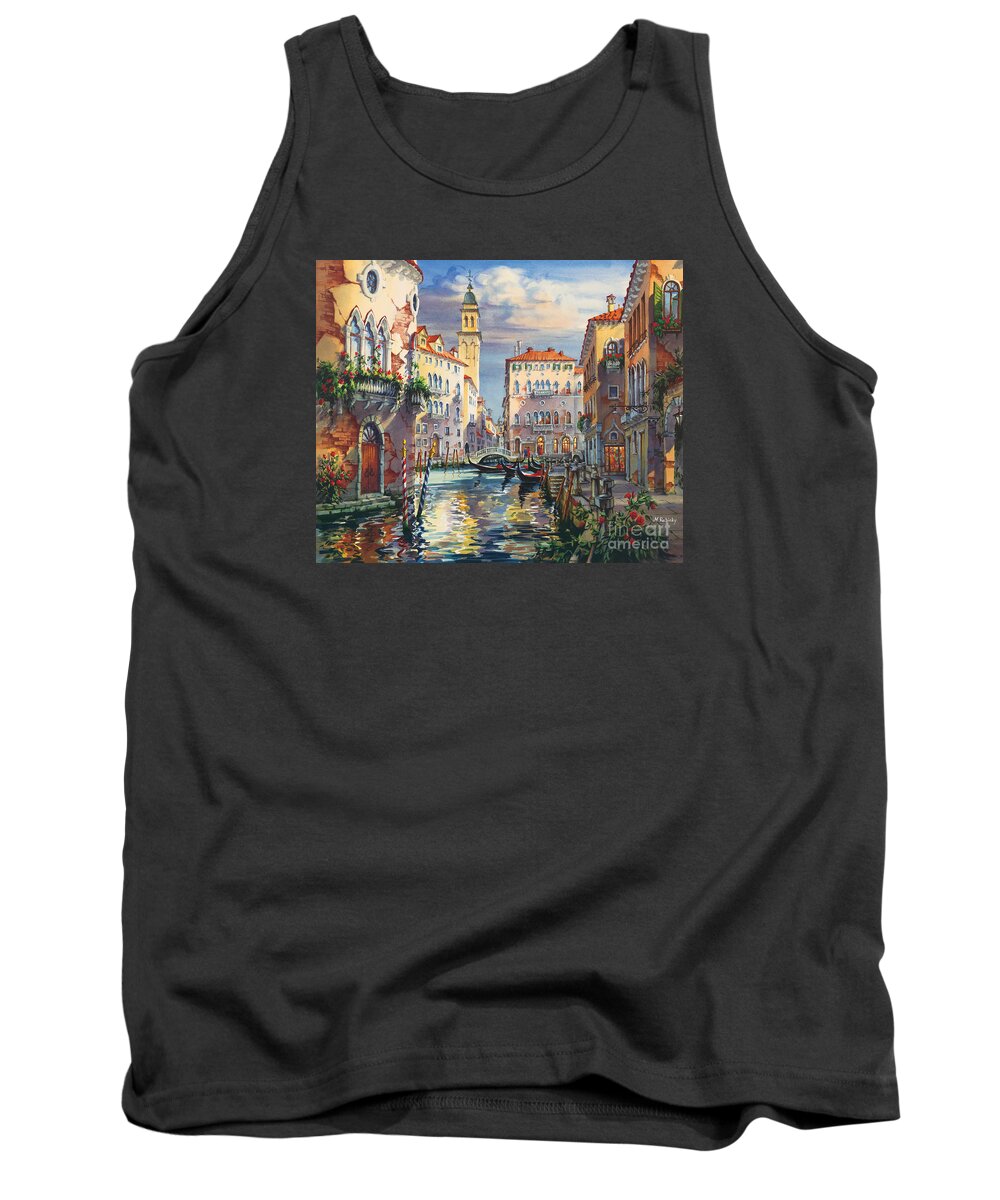 Venetian Canal Tank Top featuring the painting Venice before sunset by Maria Rabinky