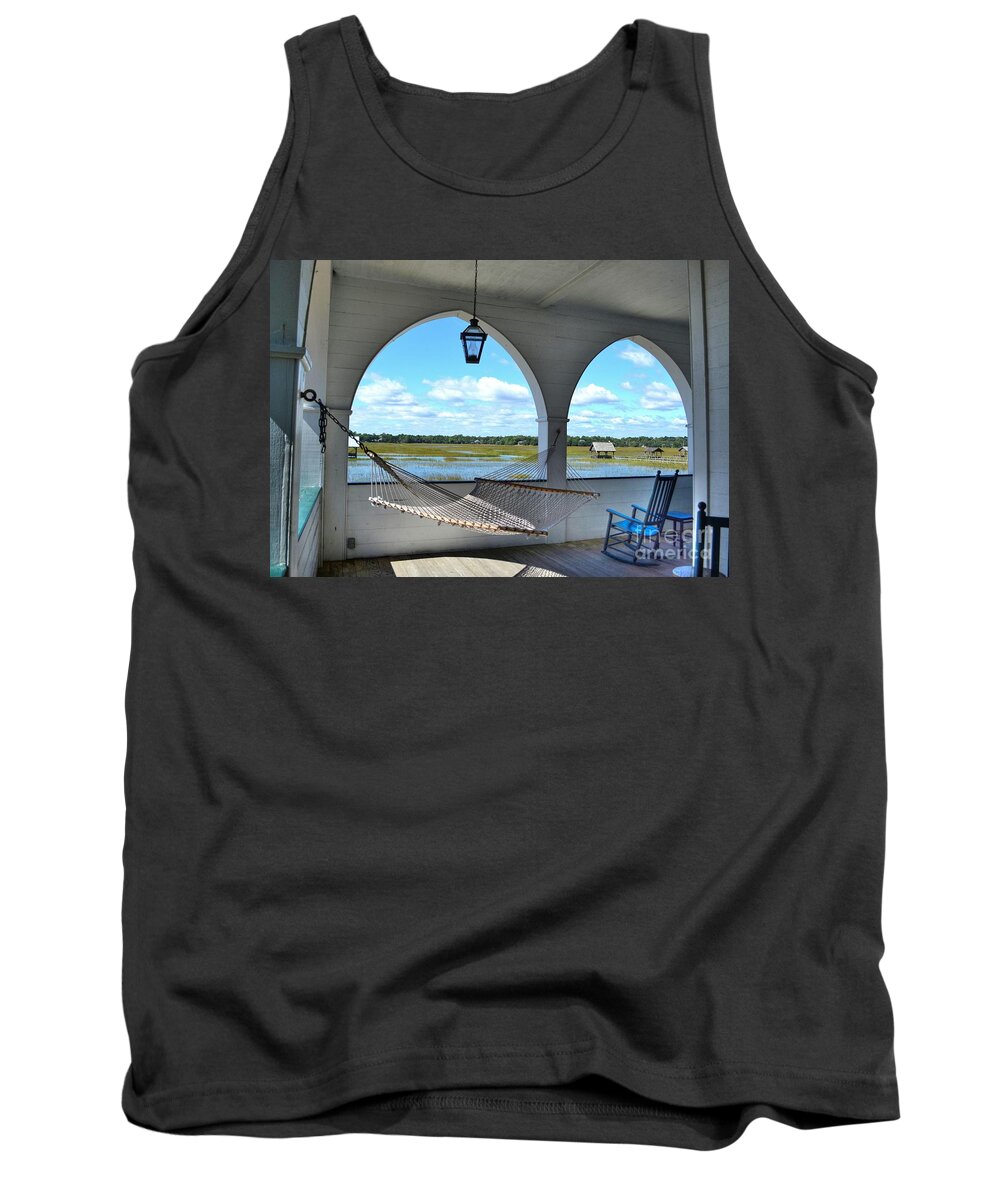 Scenic Tank Top featuring the photograph View Of The Marsh From The Pelican Inn by Kathy Baccari