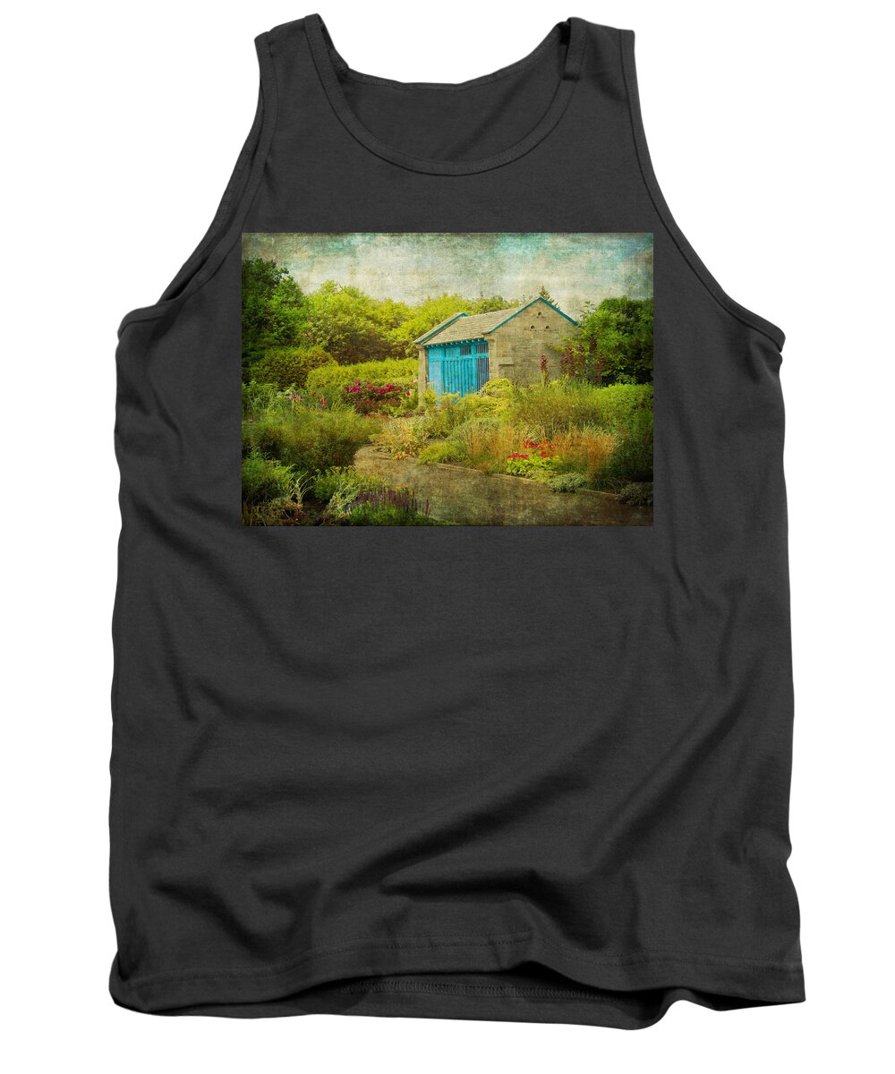 Garden Shed Tank Top featuring the photograph Vintage Inspired Garden Shed with Blue Door by Brooke T Ryan