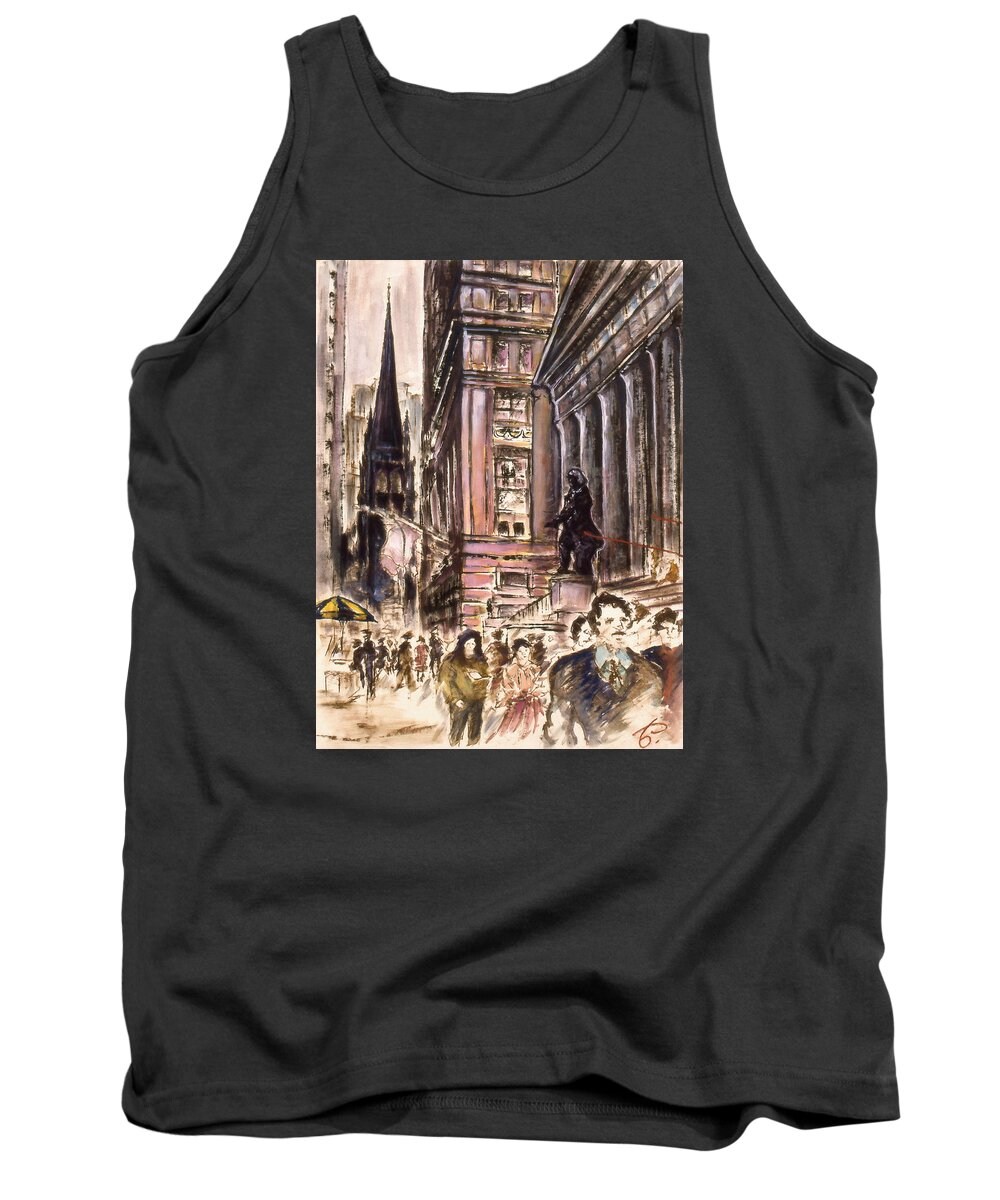 New+york Tank Top featuring the painting New York Wall Street - Fine Art Painting by Peter Potter