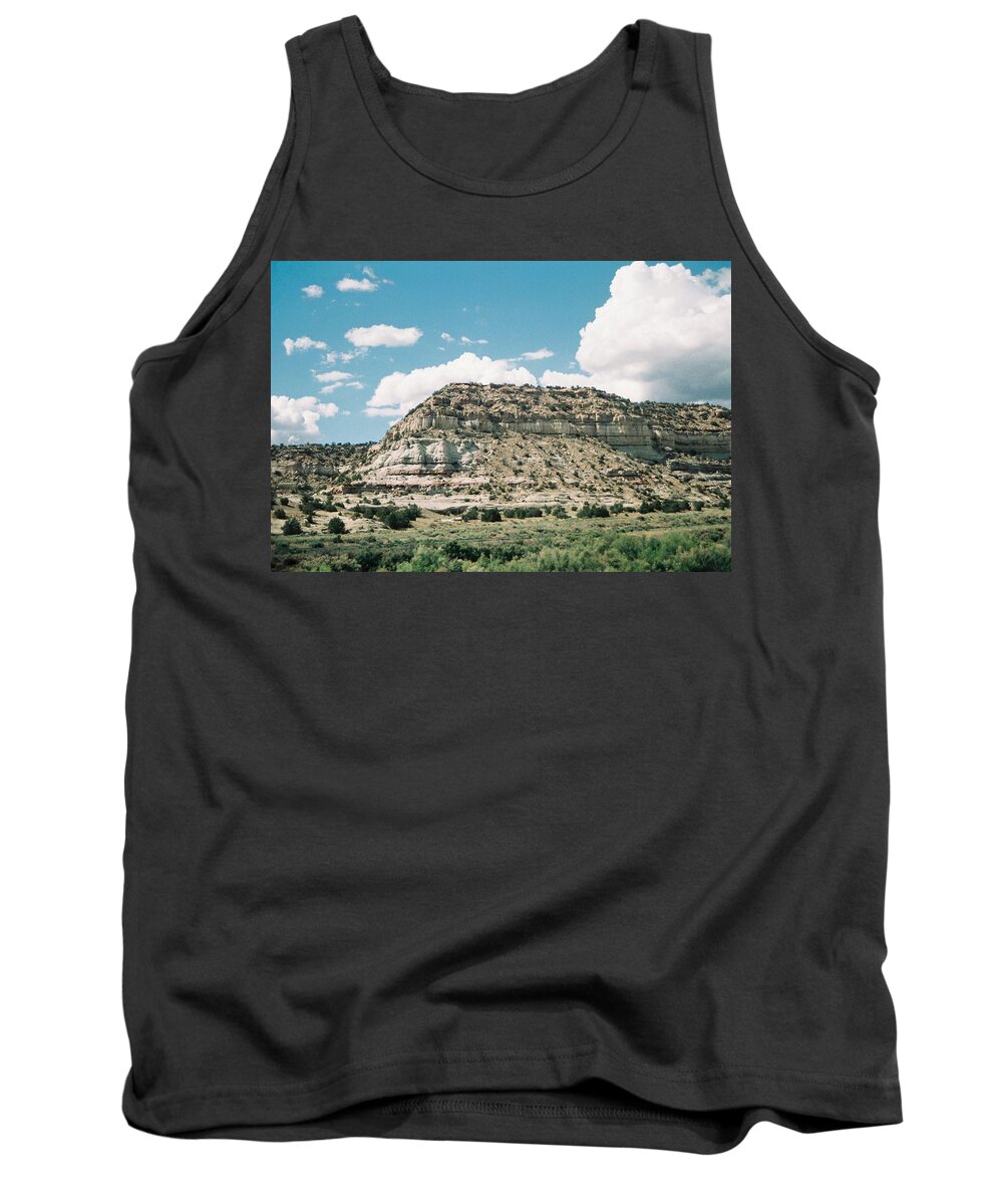 #mesarock #claycolors #hotsummer #westtrip #interstate40 #coolsky Tank Top featuring the photograph Massive Western Mesa by Belinda Lee