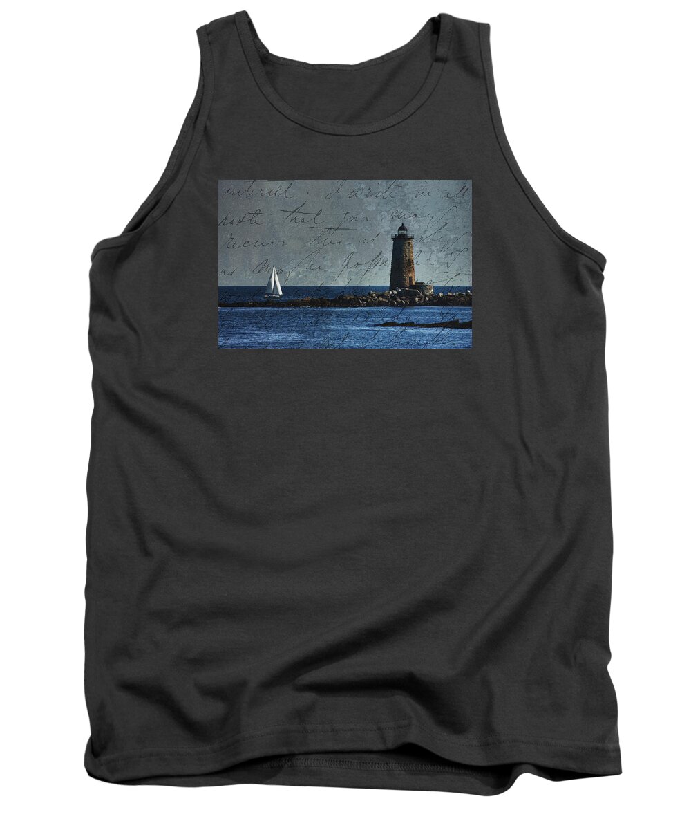 Whaleback Lighthouse Tank Top featuring the photograph White sails on blue by Jeff Folger