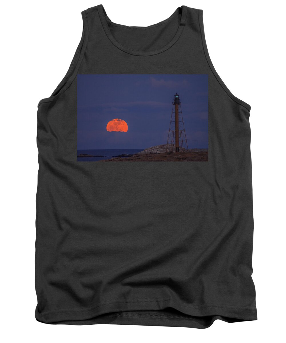 Marblehead Light Tank Top featuring the photograph Winter moon rising over Marblehead Light by Jeff Folger