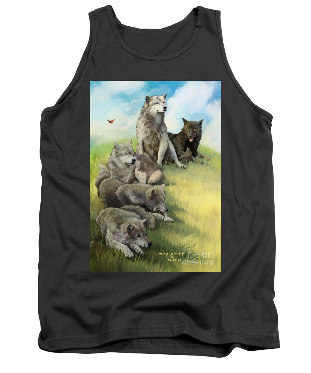 Quit Tank Top featuring the painting Wolf Gathering lazy by Robert Corsetti