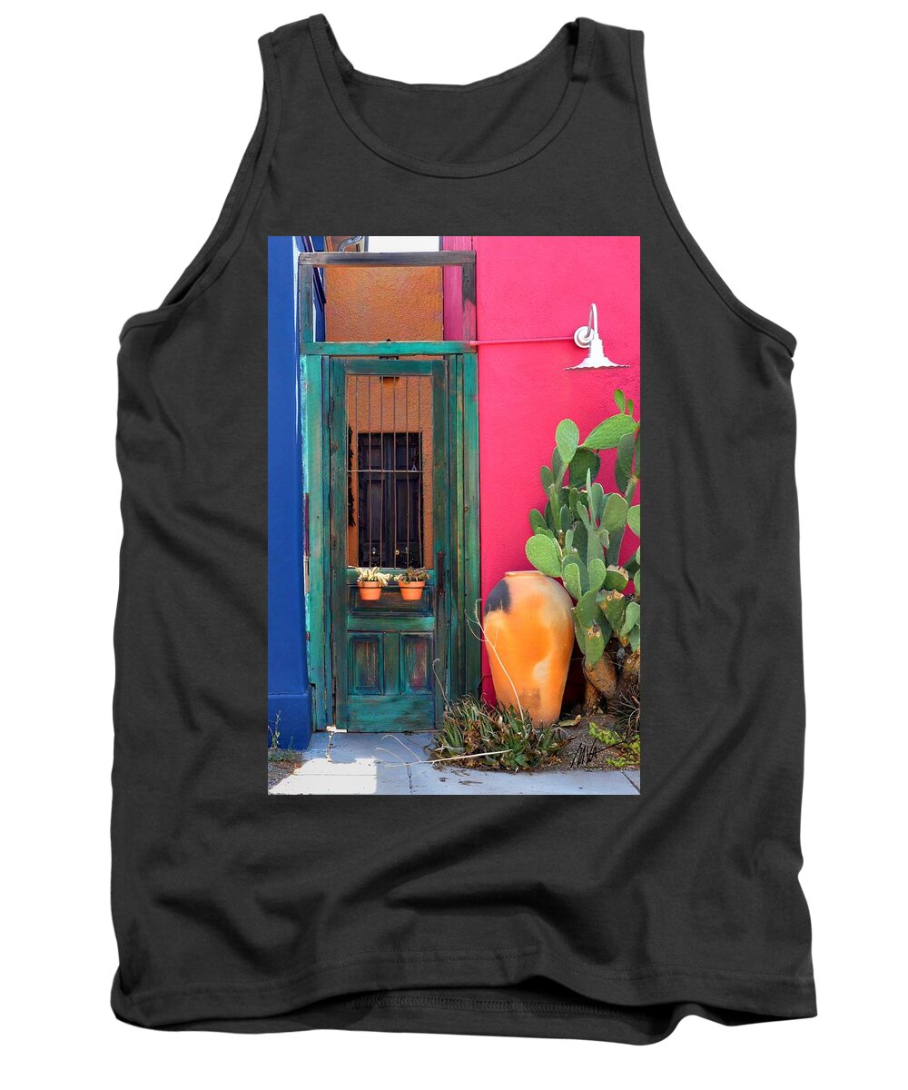 Tucson Tank Top featuring the photograph Barrio Door Pink Blue and Gray by Mark Valentine