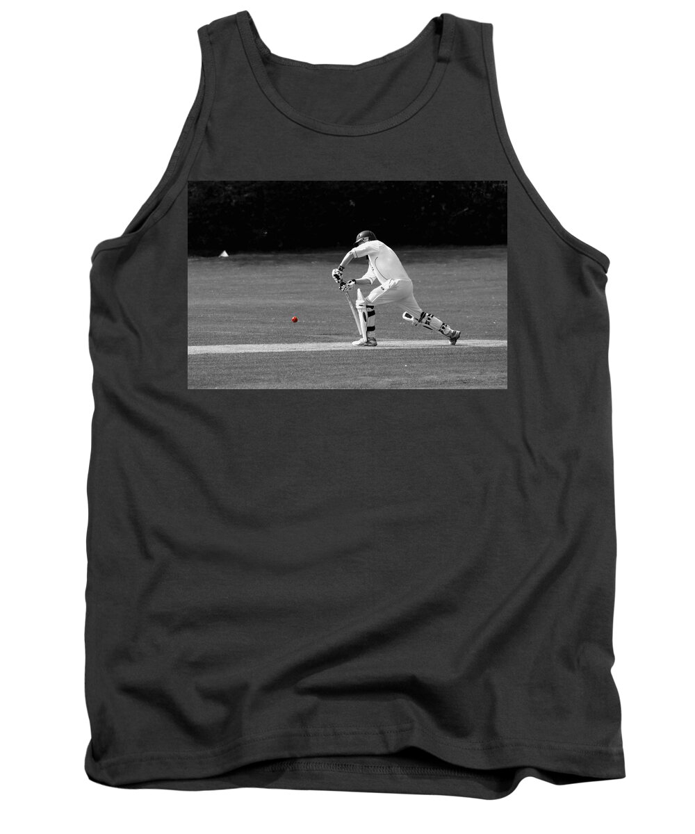 Cricket Tank Top featuring the photograph Cricketer in black and white with red ball by Chris Day