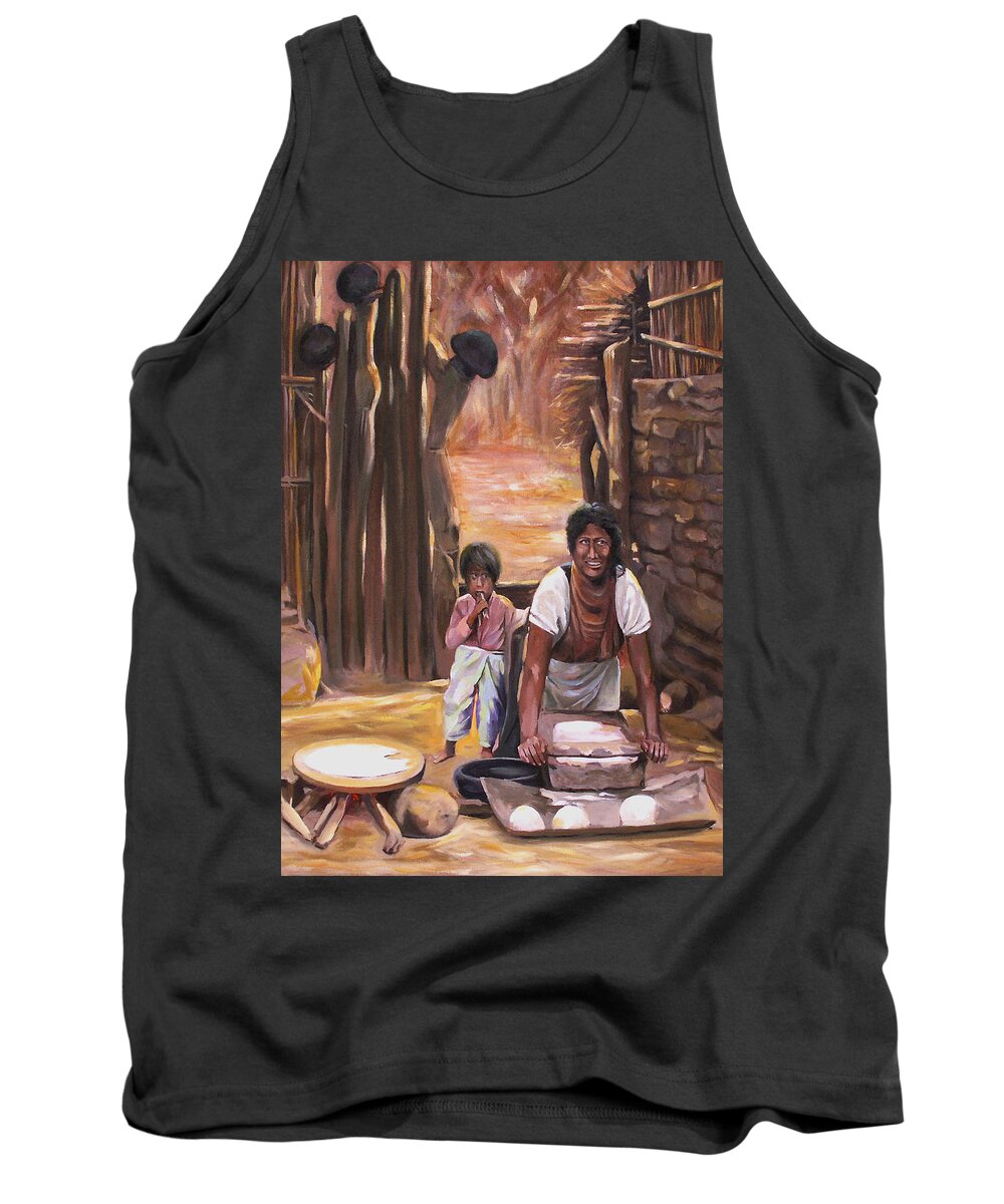 Card Tank Top featuring the painting Detail of Madre Con Tortilla by Nancy Griswold