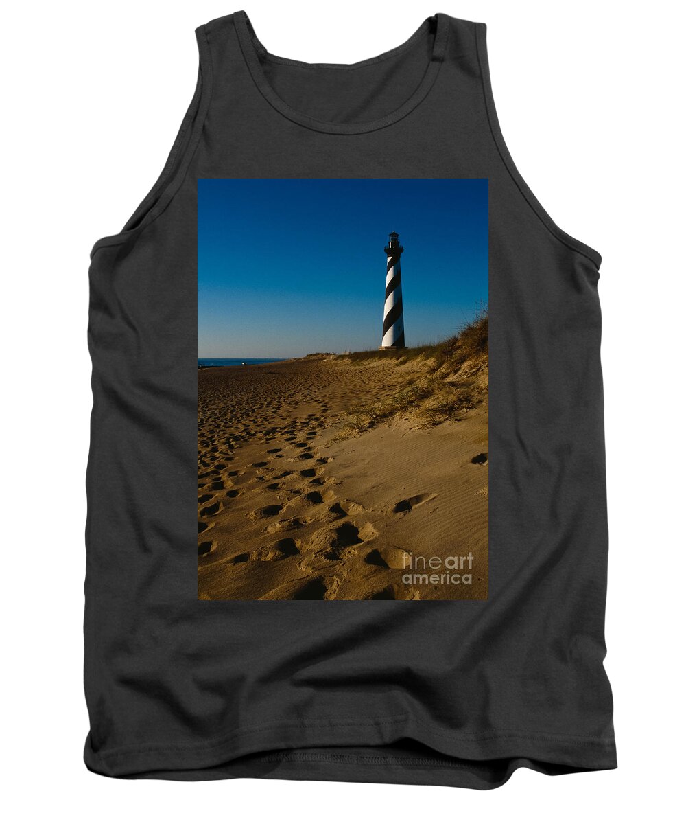 Cape Hatteras Lighthouse Tank Top featuring the photograph Footprints In The Sand by Joe Elliott