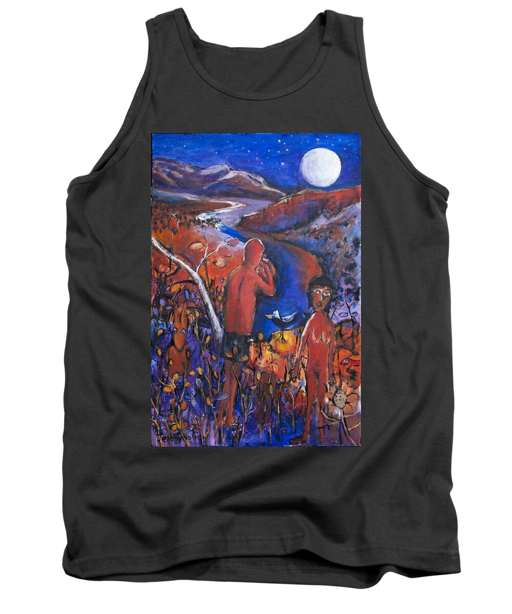 Aboriginal Tank Top featuring the painting Full moon rising over El Questro by Jeremy Holton