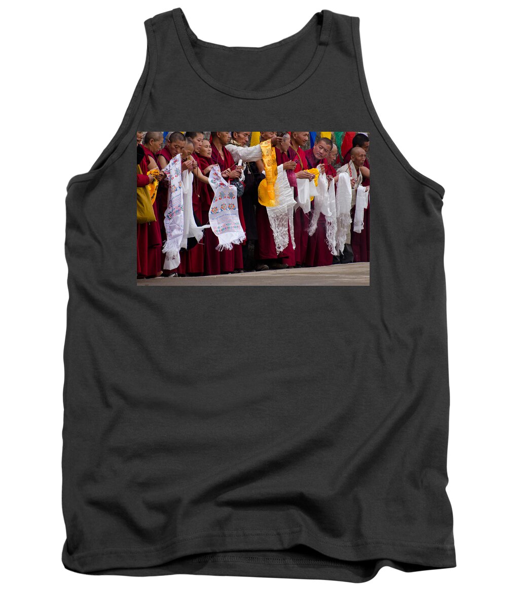 Monks Tank Top featuring the photograph Monks Wait for the Dalai Lama by Don Schwartz