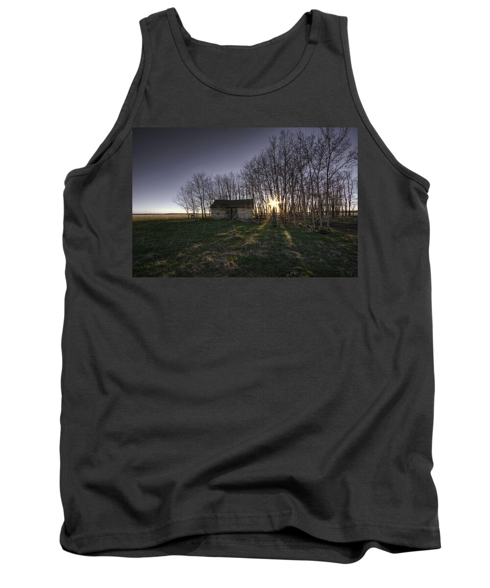 Bare Tank Top featuring the photograph Old Prairie Homestead At Sunset by Dan Jurak