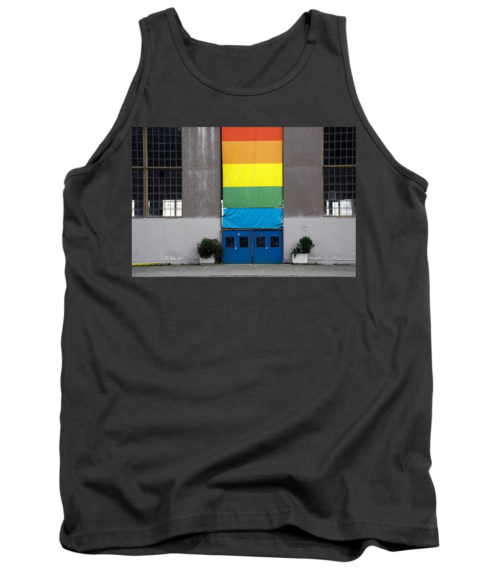 Industrial Tank Top featuring the photograph Rainbow Banner Building by Kathleen Grace