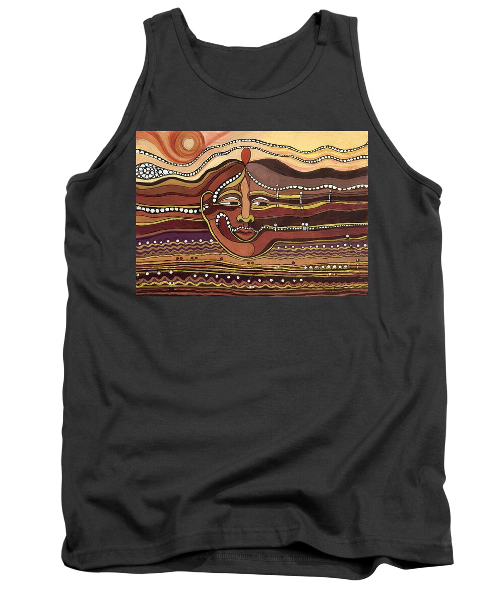 Nature Tank Top featuring the painting Red Aztec face in nature landscape abstract fantasy with earth colors sunset and skyline by Rachel Hershkovitz