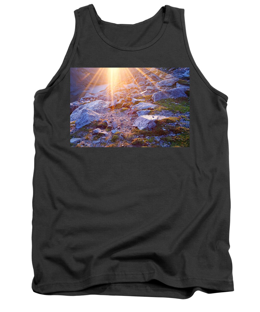 Sunset Tank Top featuring the photograph Sunburst Over Abyss Lake by Jim Garrison
