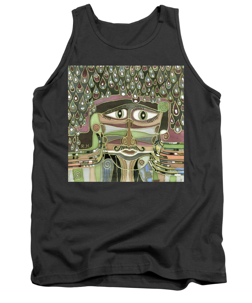 Surprize Tank Top featuring the painting Surprize Drops surrealistic green brown face with liquid drops large eyes mustache by Rachel Hershkovitz