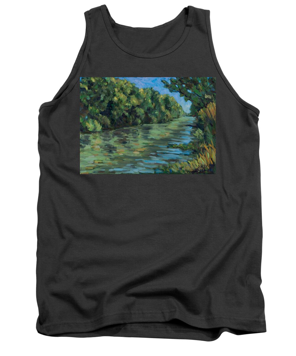 River Tree Tank Top featuring the painting Trees reflecting on Ombrone by Marco Busoni