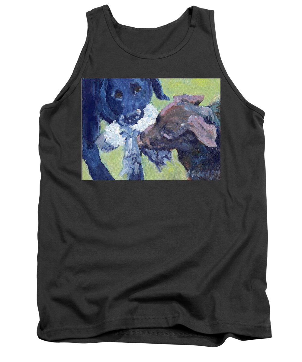 Chocolate Lab Pup Tank Top featuring the painting Tug O War by Sheila Wedegis