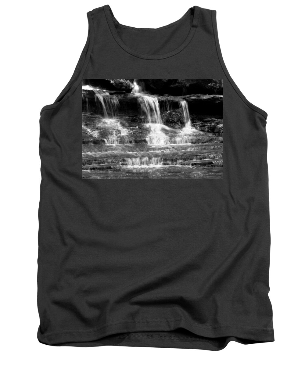 Black And White Tank Top featuring the photograph Waterfall Trio at McConnells Mill State Park in Black and White by Angela Rath