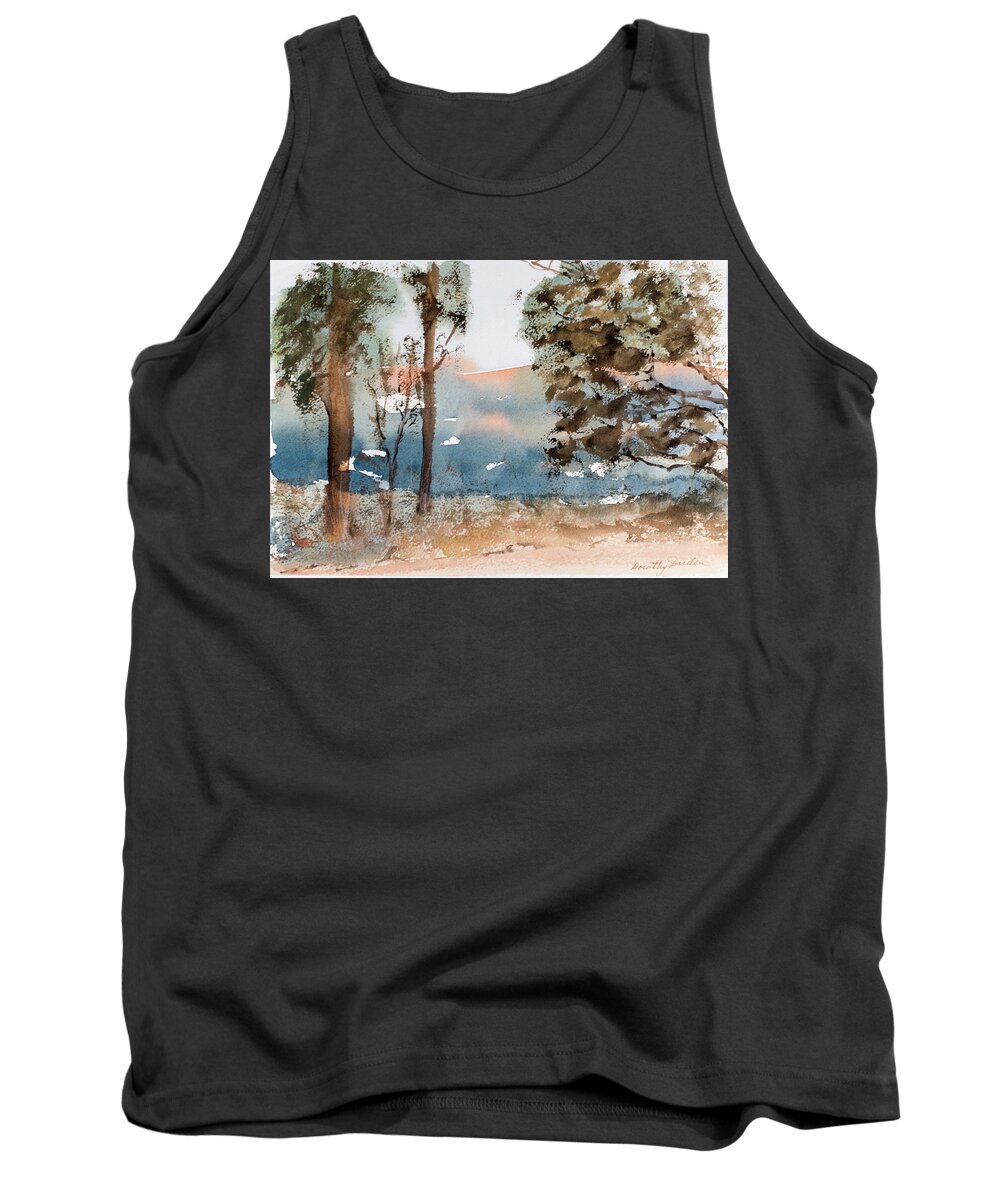 Australia Tank Top featuring the painting Mt Field Gum Tree Silhouettes against Salmon coloured Mountains by Dorothy Darden