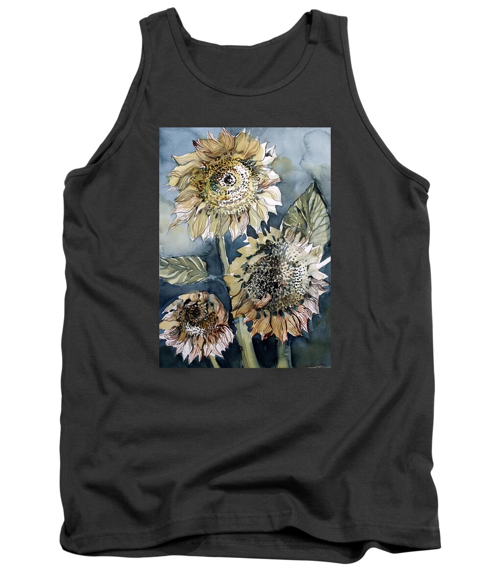 Sunflowers Tank Top featuring the drawing Three Sunflowers #1 by Mindy Newman