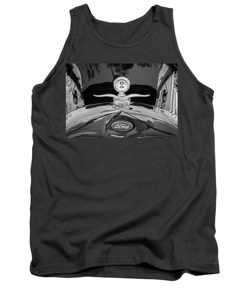 1929 Ford Model A Tank Top featuring the photograph 1929 Ford Model A Hood Ornament BW by Rich Franco