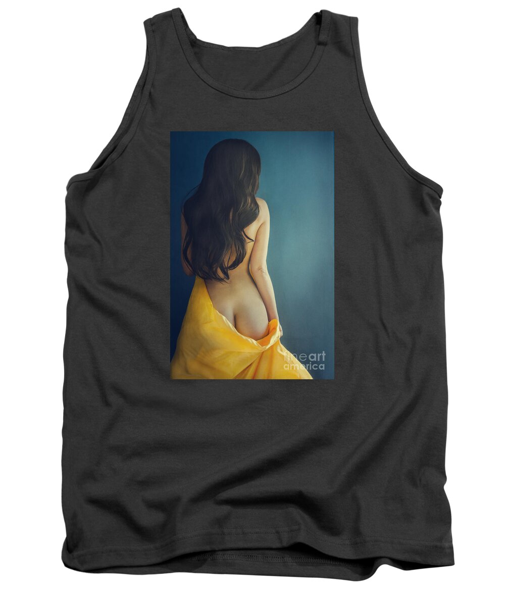Woman Tank Top featuring the photograph Woman with yellow silk on blue background by Jelena Jovanovic