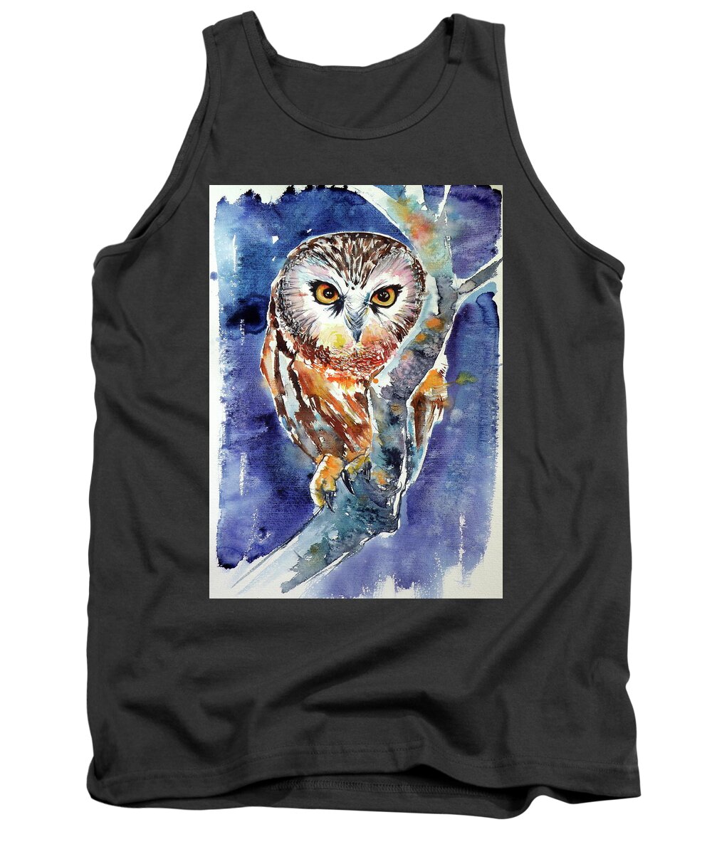 Owl Tank Top featuring the painting Owl at night #3 by Kovacs Anna Brigitta