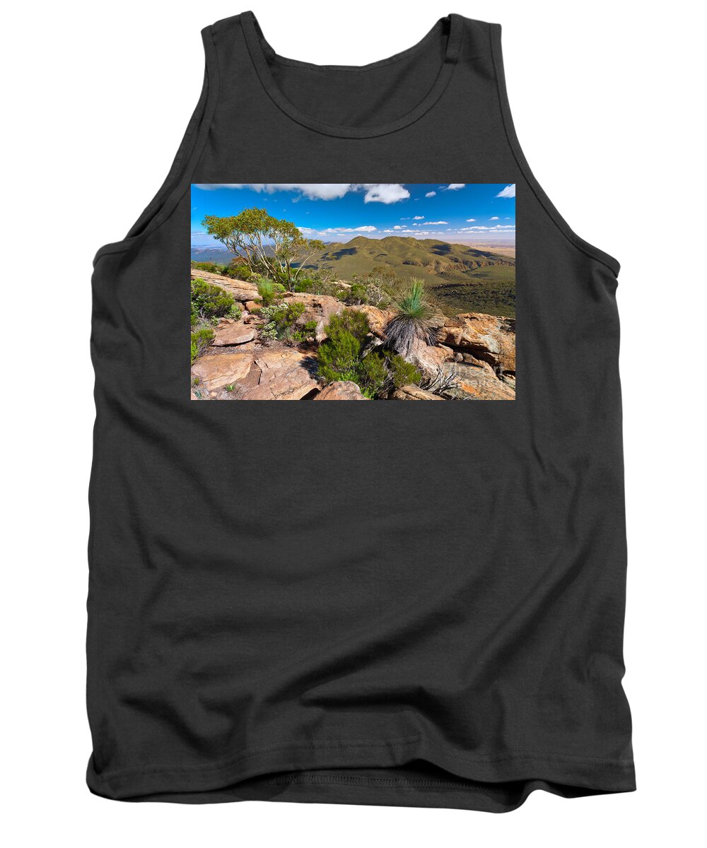 Wilpena Pound Flinders Ranges Outback Landscape Landscapes South Australia Australian Gum Trees Mountains Rock Outcrop Tank Top featuring the photograph Wilpena Pound #7 by Bill Robinson
