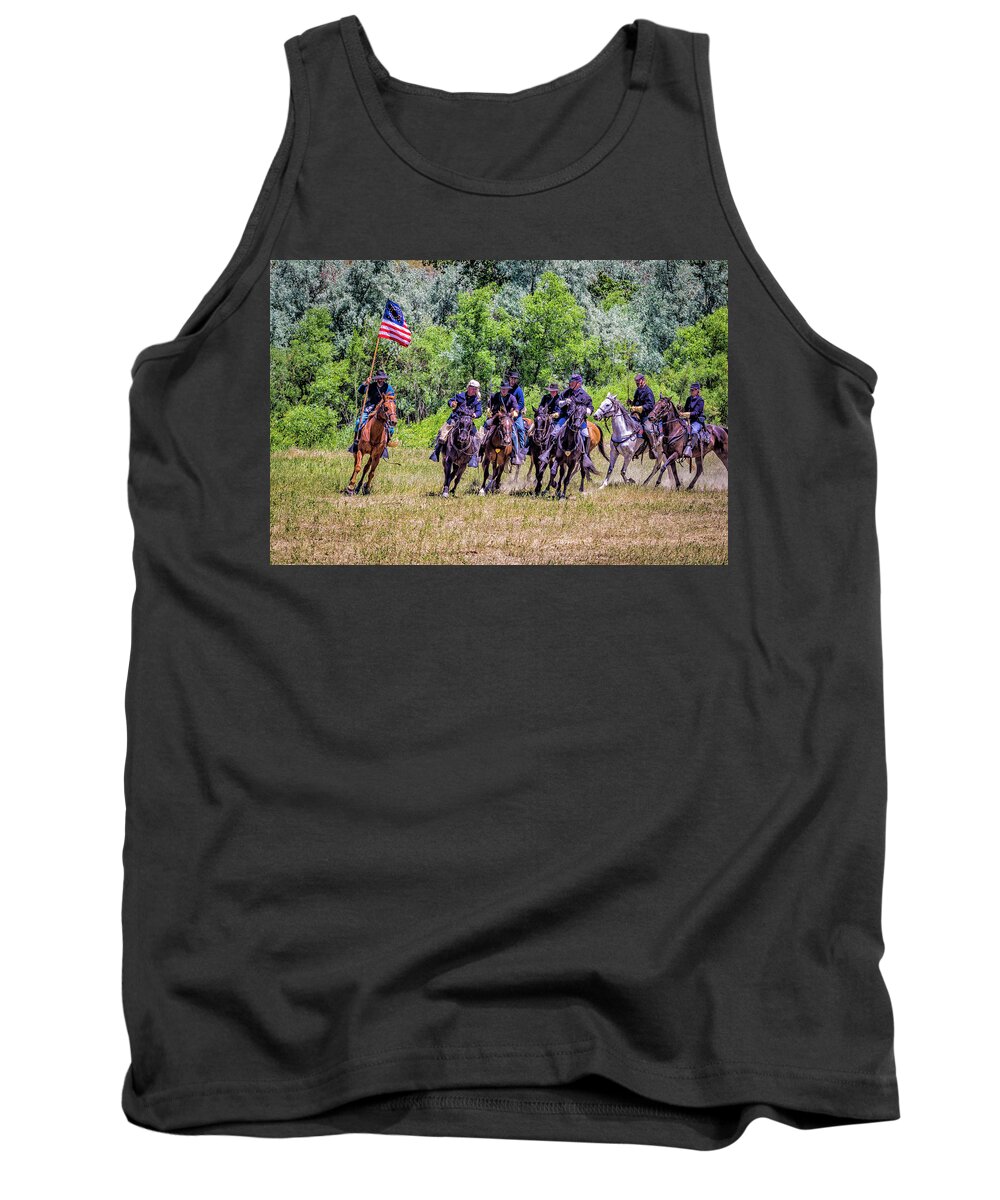 Little Bighorn Re-enactment Tank Top featuring the photograph 7th Cavalry In Charge Formation by Donald Pash