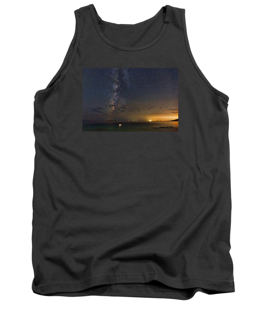 Boat Tank Top featuring the photograph A boat under the Milky Way in Andros - Greece by Constantinos Iliopoulos