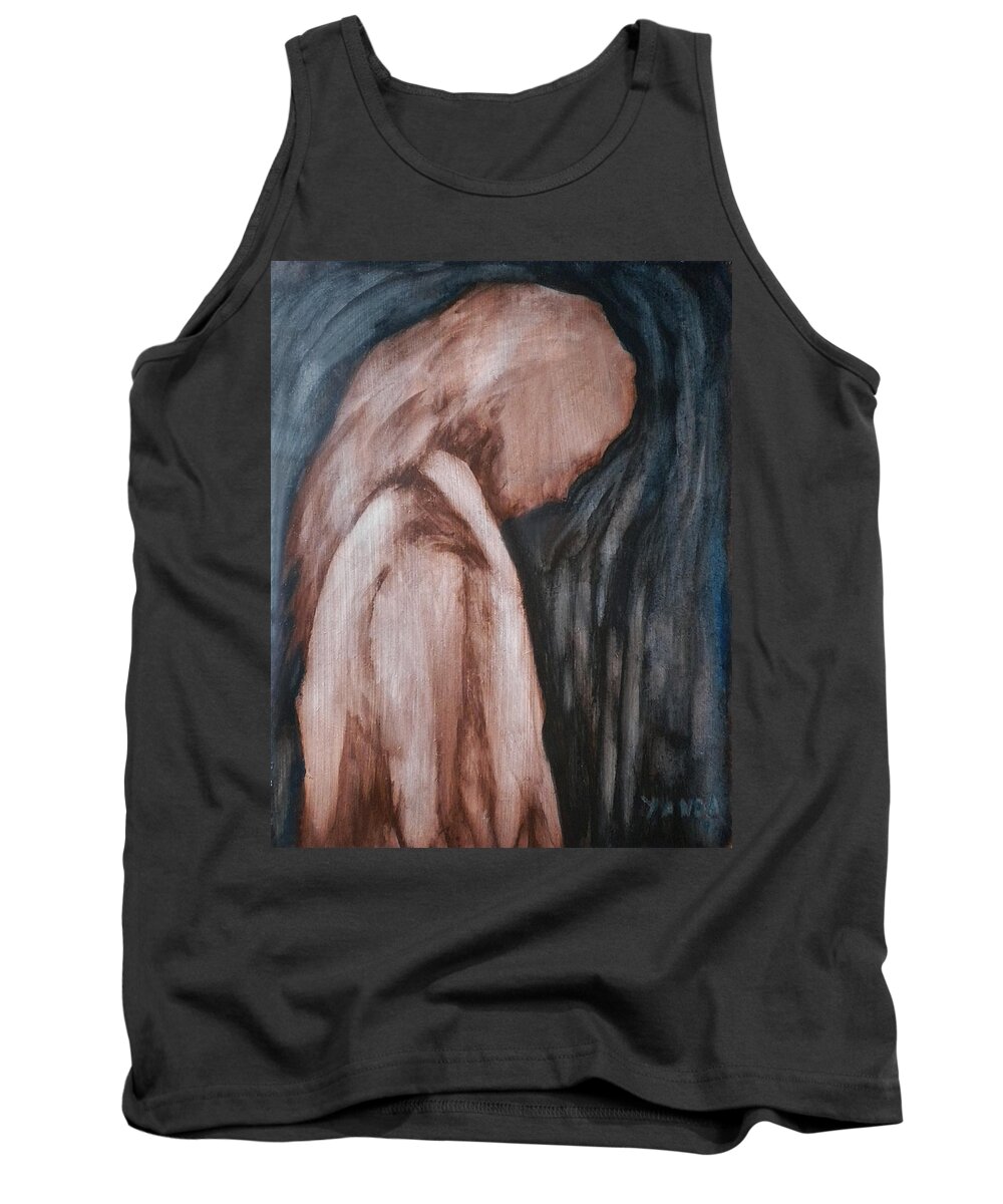 Original Art Oil Painting Woman Thoughtful Pensive Thinking Tank Top featuring the painting A Heavy Thought by Katt Yanda