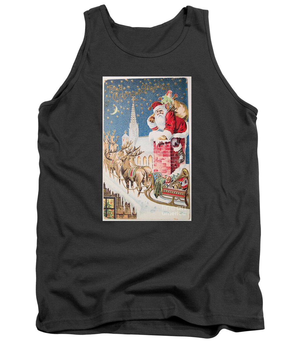 A Merry Christmas Vintage Greetings From Santa Claus And His Raindeer Tank Top featuring the painting A Merry Christmas vintage greetings from Santa Claus and his Raindeer by Vintage Collectables