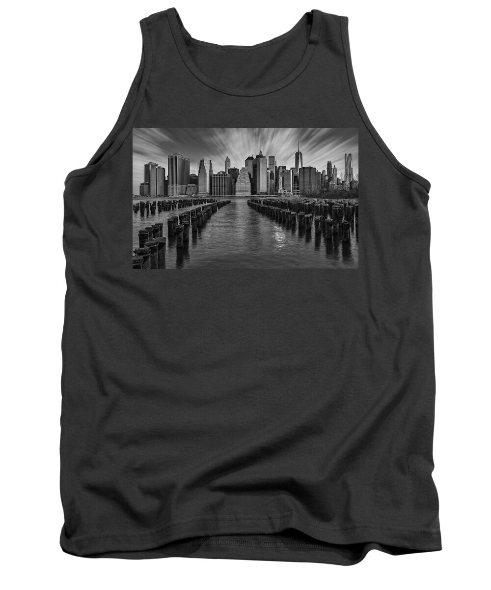 Brooklyn Tank Top featuring the photograph A New York City Day Begins BW by Susan Candelario