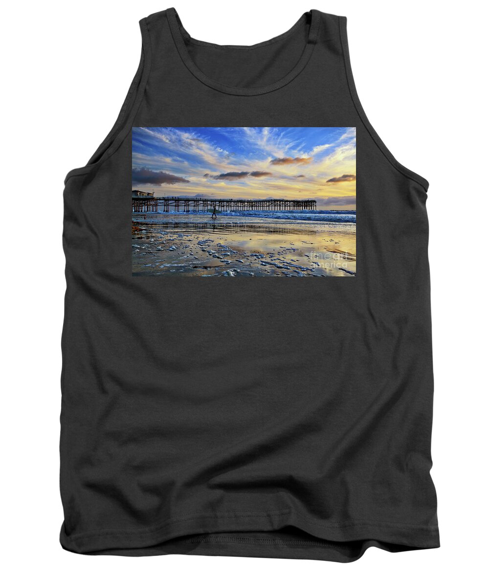 Pacific Beach Tank Top featuring the photograph A surfer heads home under a cloudy sunset at Crystal Pier by Sam Antonio