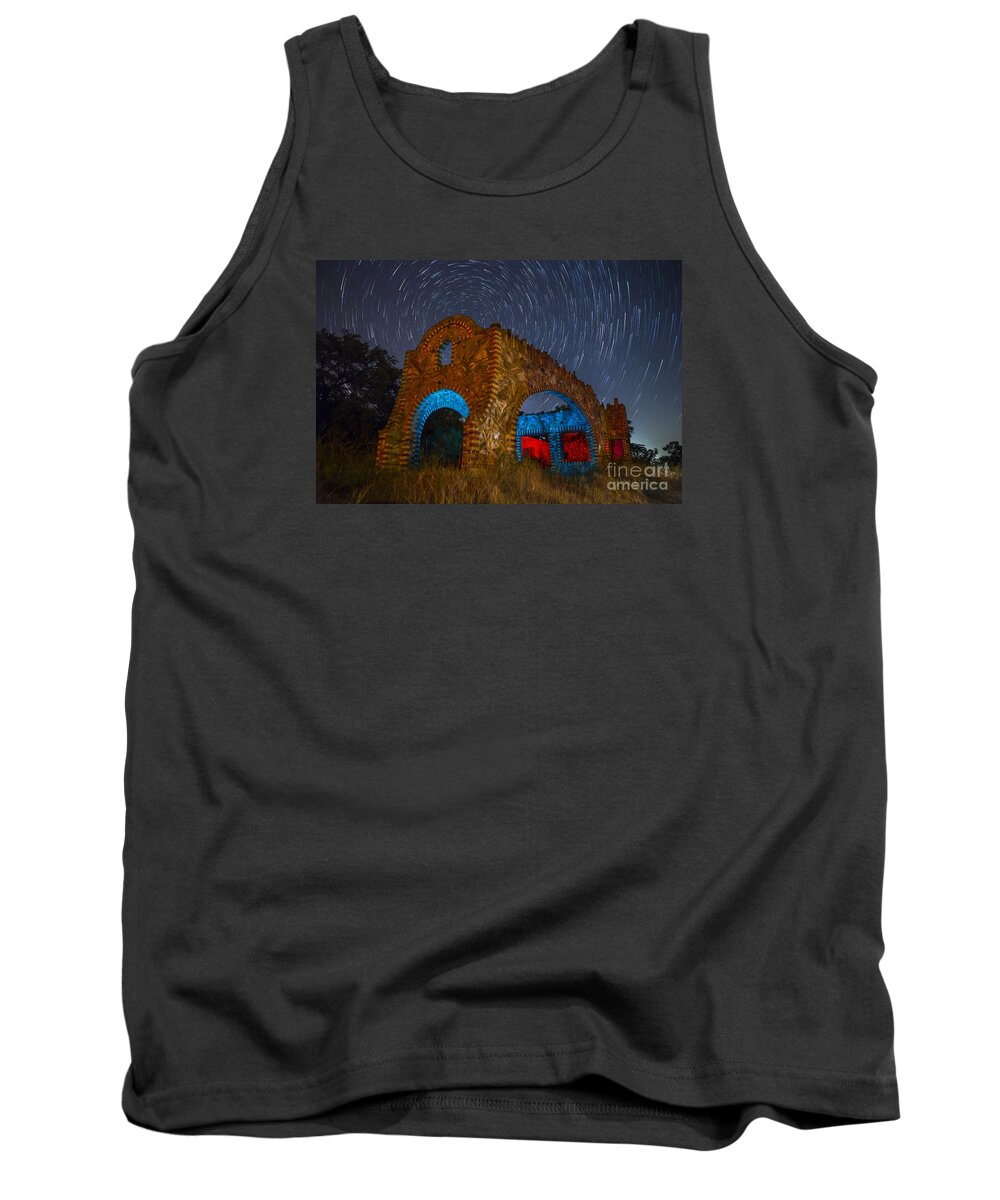Night Time Photography Tank Top featuring the photograph Abandoned Outlaw Gas Station by Keith Kapple