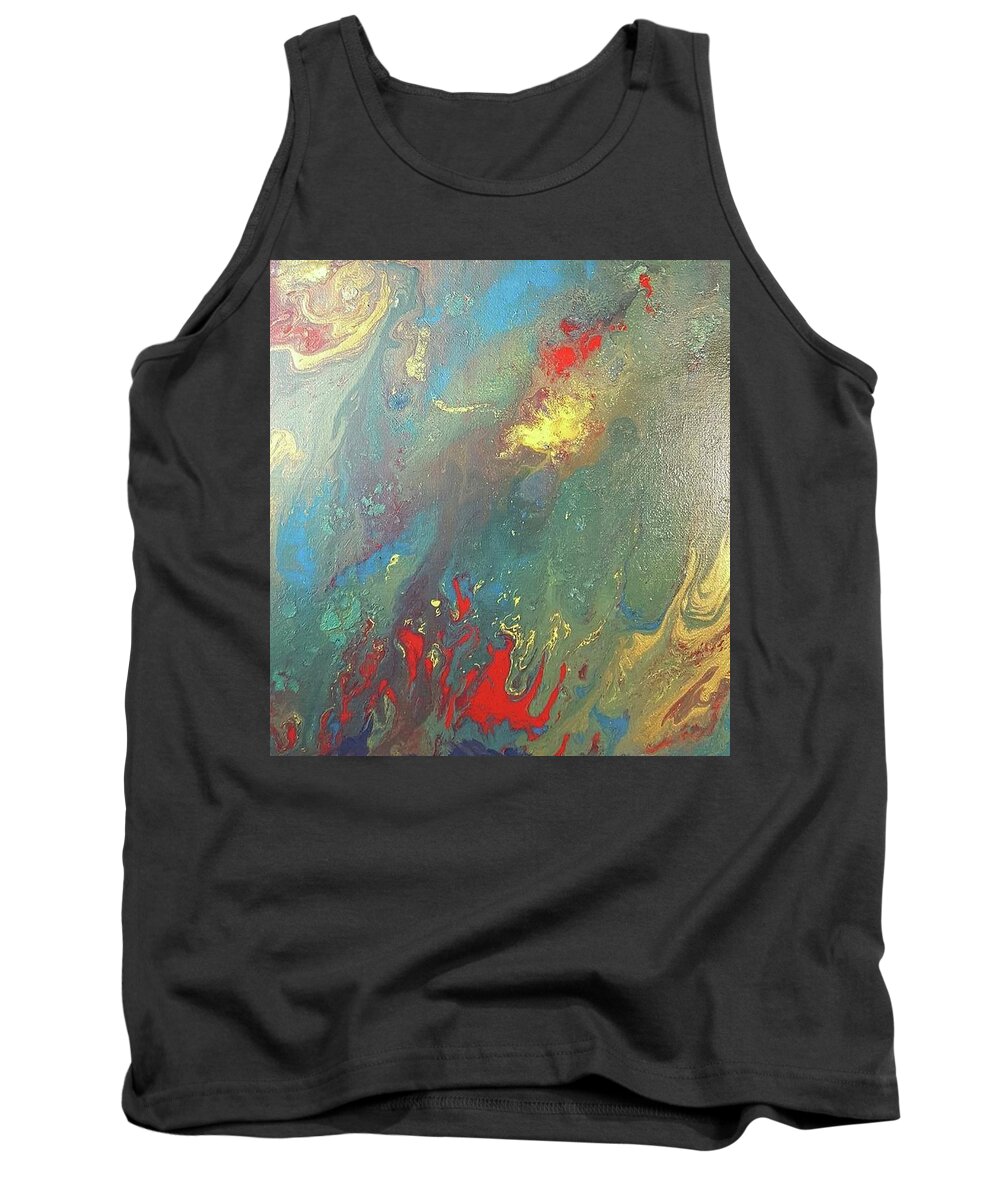 #acrylicpour #acrylicdirtypour #abstractpaintings #abstractacrylics #coolart #coolpaintings #sugarplumtheband #acrylicswithtealaquaturquoise #abstractartforsale #camvasartprints #originalartforsale #abstractartpaintings Tank Top featuring the painting Acrylic Pour using teal turquoise aqua yellow gold and red by Cynthia Silverman