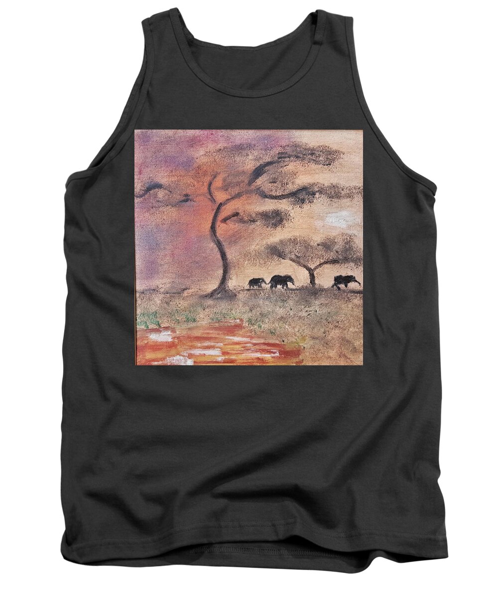 African Landscape Tank Top featuring the painting African Landscape three elephants and banya tree at watering hole with mountain and sunset grasses s by MendyZ