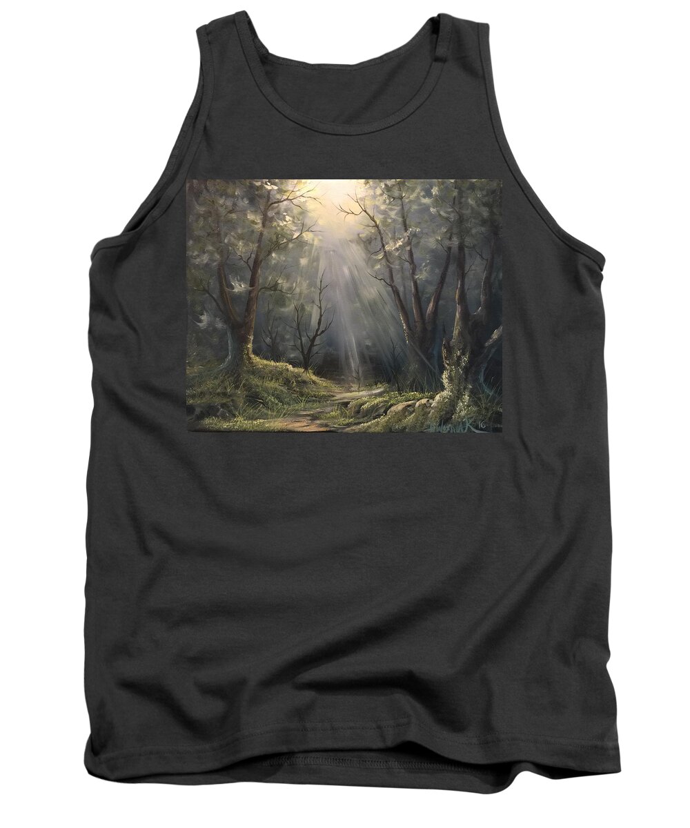 Landscape Forest Trees Heavenly Light Water Sky Grass Woods Pines Oak Tank Top featuring the painting After the rain by Justin Wozniak