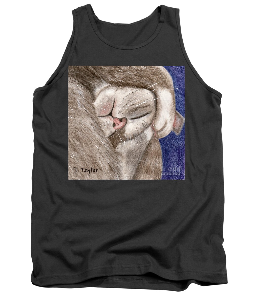 Cat Tank Top featuring the drawing All Curled Up by Terry Taylor