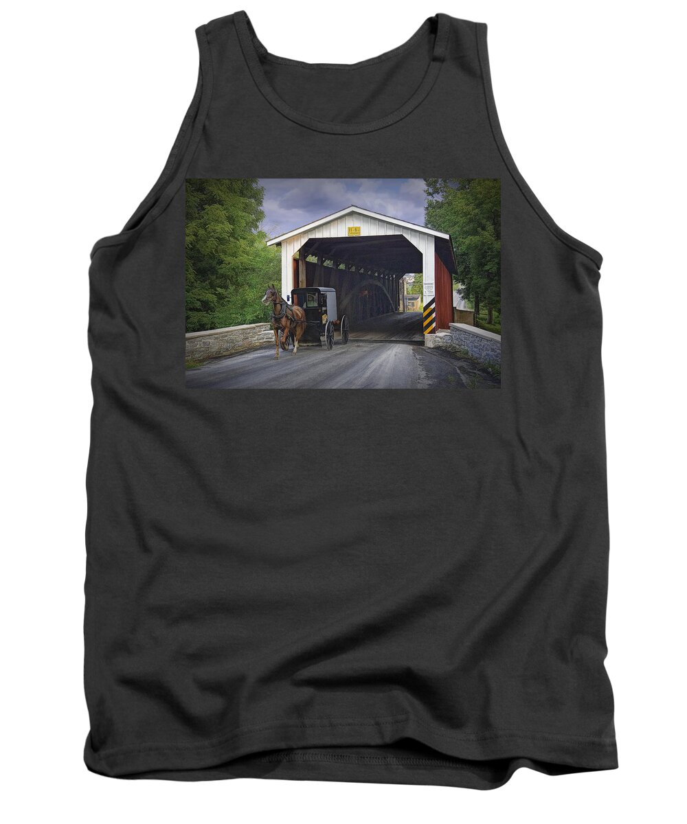 Art Tank Top featuring the photograph Amish Buggy with covered bridge by Randall Nyhof