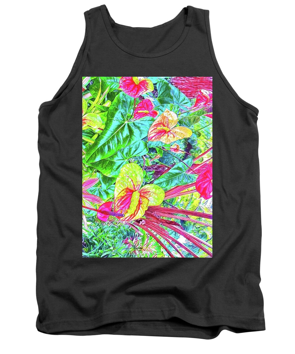 Anthuriums Pink Turquoise Tropical Hawaii Flowers Of Aloha Tank Top featuring the photograph Anthuriums Pink and Turquoise by Joalene Young