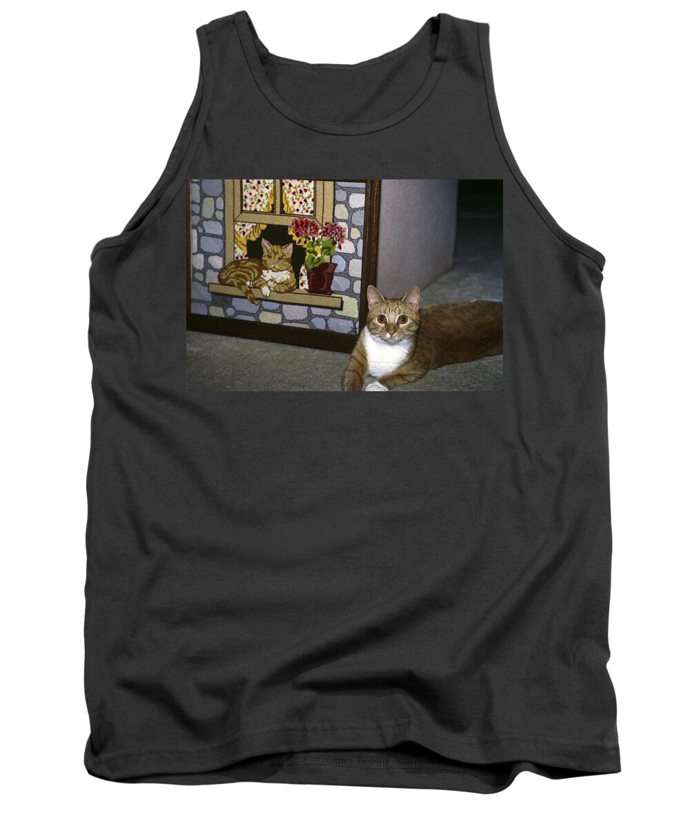 Tabby Cat Sitting Beside Needlepoint Tank Top featuring the photograph Art Imitates Life by Sally Weigand