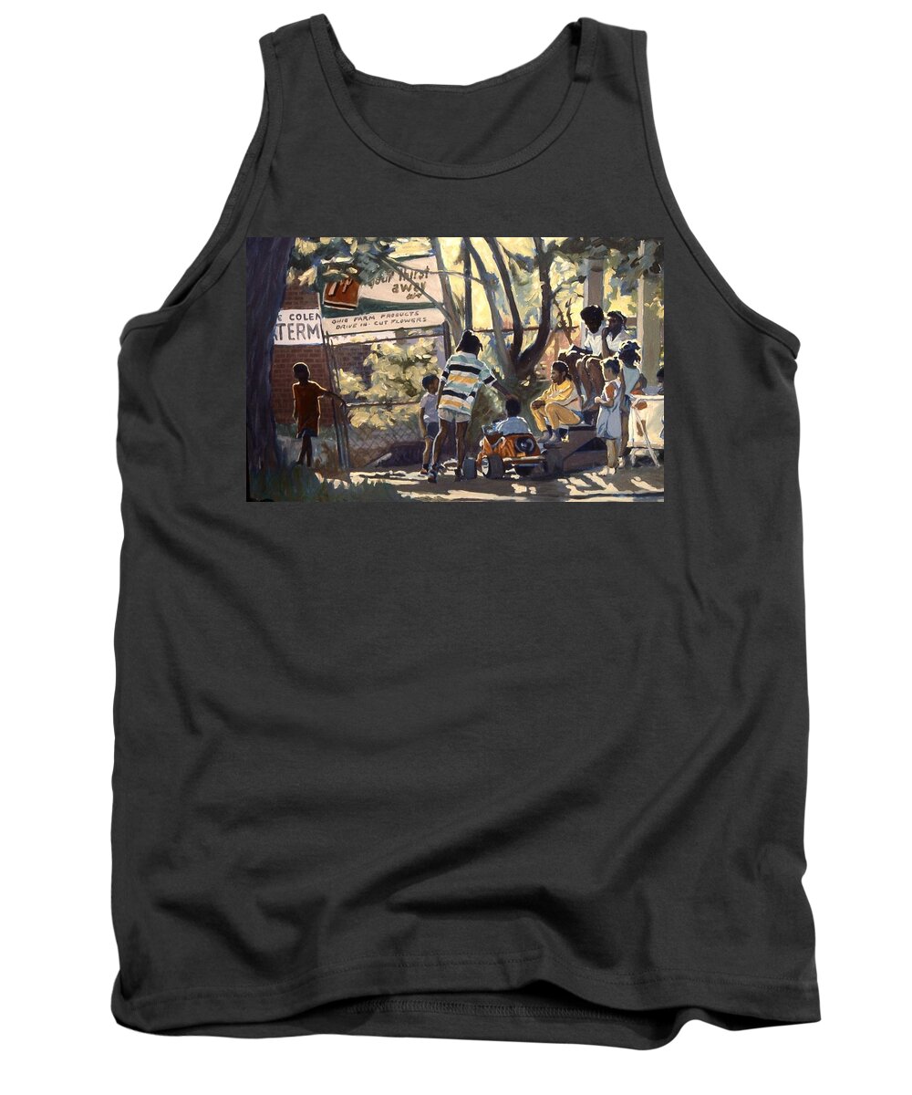 A Trip In The Inner City Tank Top featuring the painting Babysitter by David Buttram